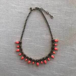 J CREW Coral/Hot Pink & Smokey Gray Crystal Rhinestone & Antique Gold Necklace